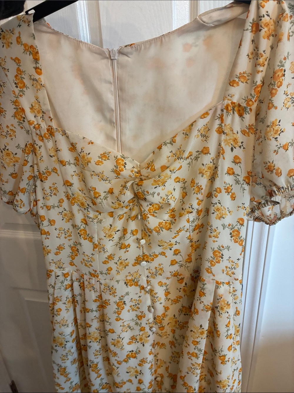 Yellow Floral Puff-Sleeve Midi Dress